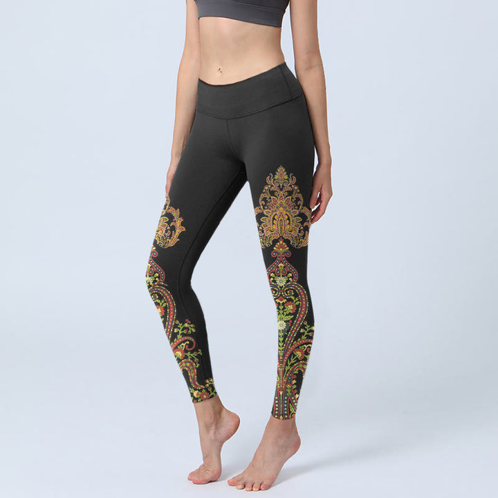 Buddha Stones Multicolor Paisley Floral Print Gym Leggings Women's Yoga Pants - Black - US18，UK/AU22，EU50 (4XL) - image 0