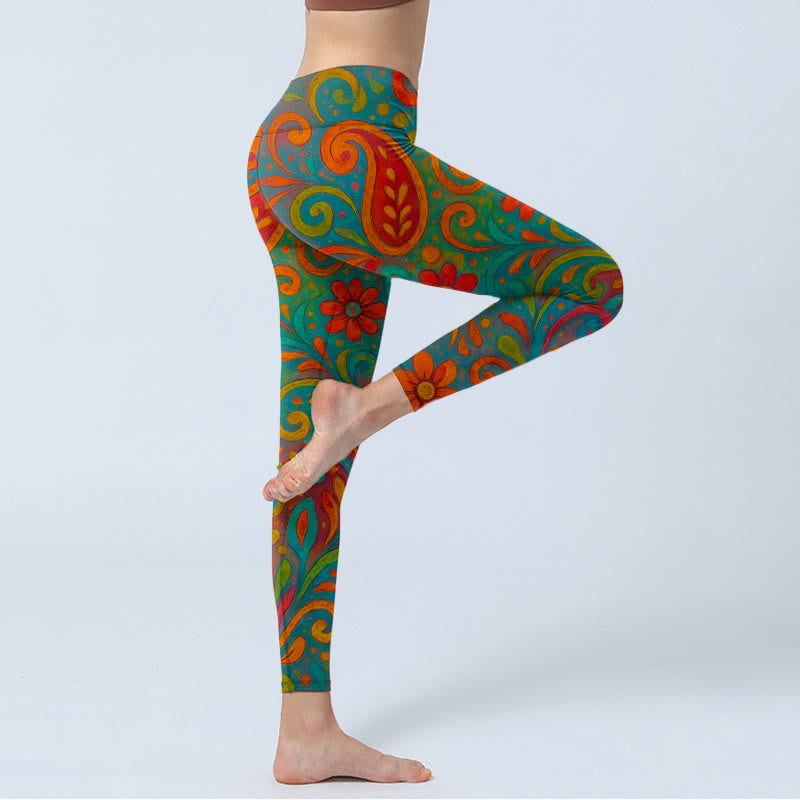 Buddha Stones Vibrant Swirling Florals Paisley Print Gym Leggings Women's Yoga Pants - image 3