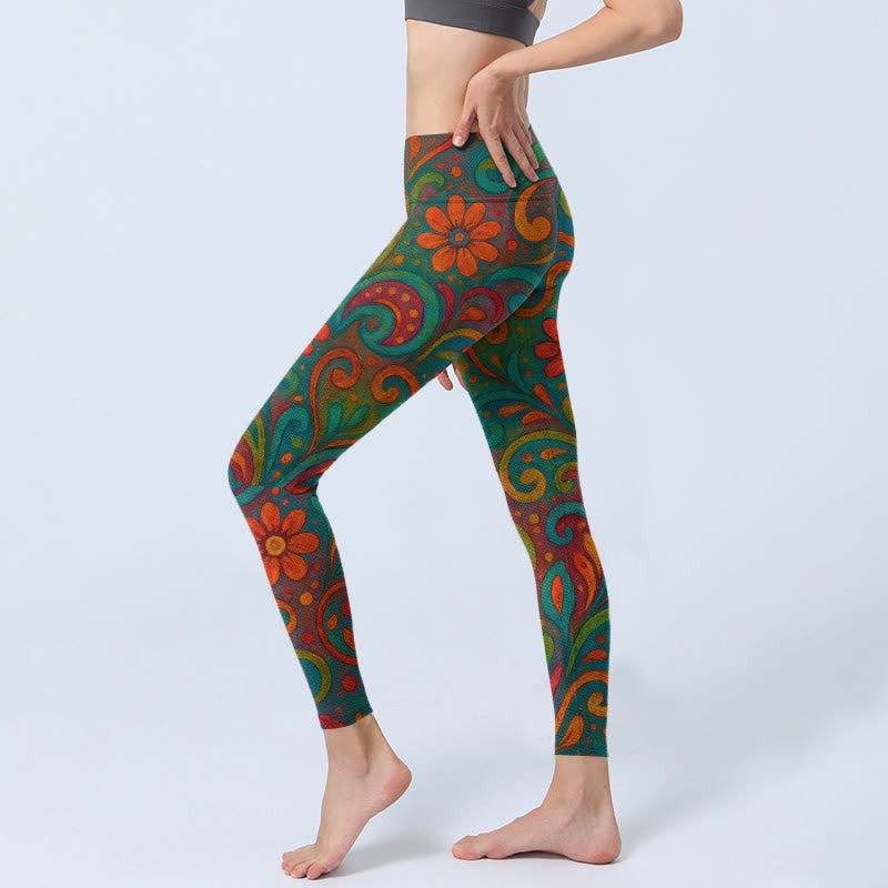 Buddha Stones Vibrant Swirling Florals Paisley Print Gym Leggings Women's Yoga Pants - image 2