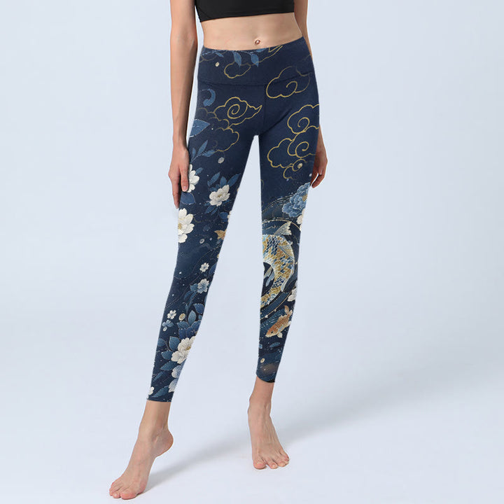 Buddha Stones Blue White Peony Flowers Koi Fish Print Gym Leggings Women's Yoga Pants - image 5