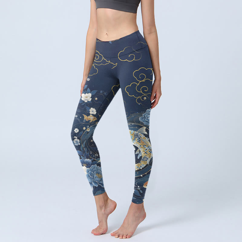 Buddha Stones Blue White Peony Flowers Koi Fish Print Gym Leggings Women's Yoga Pants - SteelBlue - US18，UK/AU22，EU50 (4XL) - image 0