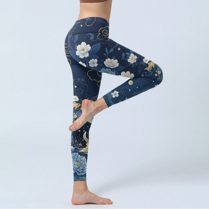 Buddha Stones Blue White Peony Flowers Koi Fish Print Gym Leggings Women's Yoga Pants - image 3