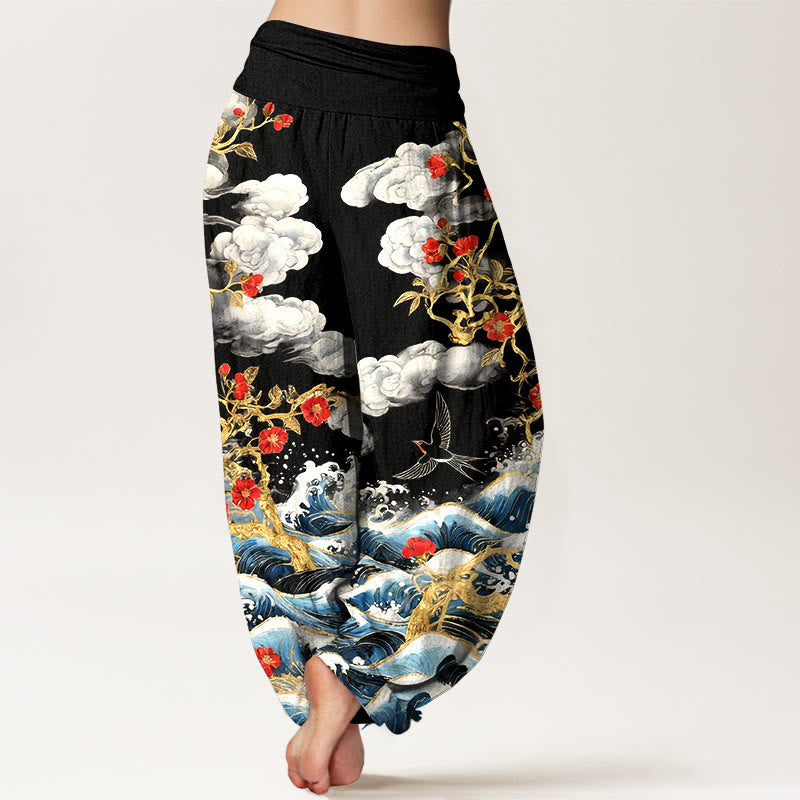 Buddha Stones Pure Cotton Auspicious Clouds Red Blossoms Swallow Ocean Waves Women's Elastic Waist Harem Pants - image 6
