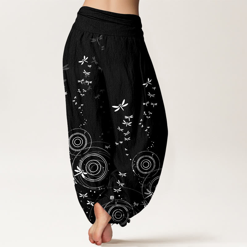 Buddha Stones Pure Cotton Circular Lines Dragonfly Women's Elastic Waist Harem Pants - image 9