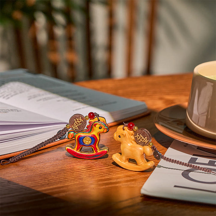 Buddha Stones Year of the Horse Rainbow Eucalyptus Small Leaf Red Sandalwood Linden Wood Ebony Carved Positive Key Chain - image 27