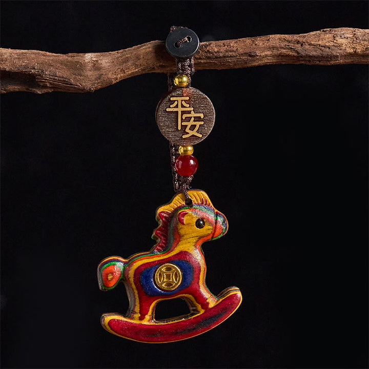 Buddha Stones Year of the Horse Rainbow Eucalyptus Small Leaf Red Sandalwood Linden Wood Ebony Carved Positive Key Chain - Rainbow Eucalyptus - image 0