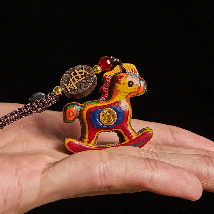 Buddha Stones Year of the Horse Rainbow Eucalyptus Small Leaf Red Sandalwood Linden Wood Ebony Carved Positive Key Chain - image 4