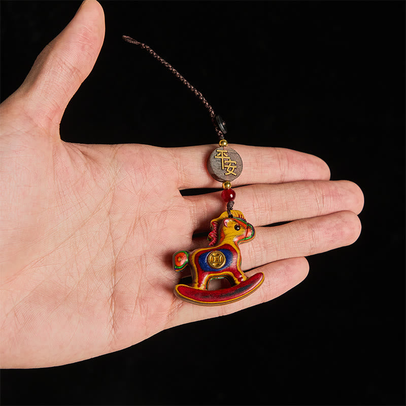 Buddha Stones Year of the Horse Rainbow Eucalyptus Small Leaf Red Sandalwood Linden Wood Ebony Carved Positive Key Chain - image 5
