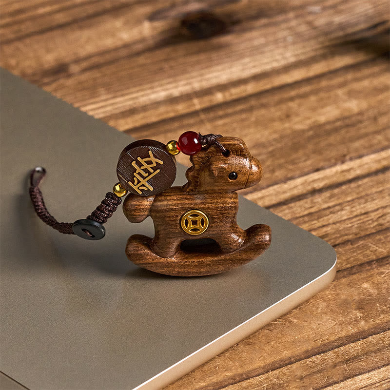 Buddha Stones Year of the Horse Rainbow Eucalyptus Small Leaf Red Sandalwood Linden Wood Ebony Carved Positive Key Chain - image 22