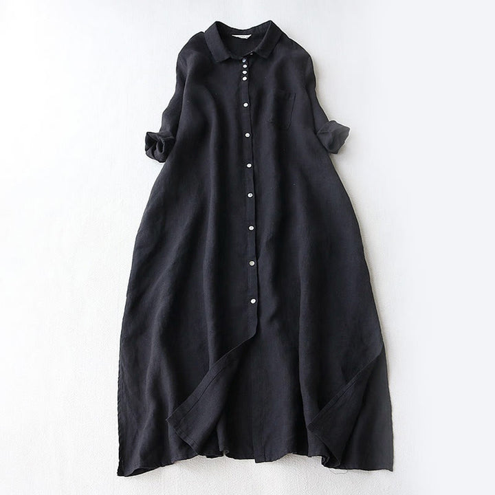 Buddha Stones Fall Solid Buttons Down Lapel Design Three Quarter Sleeve Women's Knee Length Dress With Pockets - Black - US12，UK/AU16，EU44 (2XL) - image 0