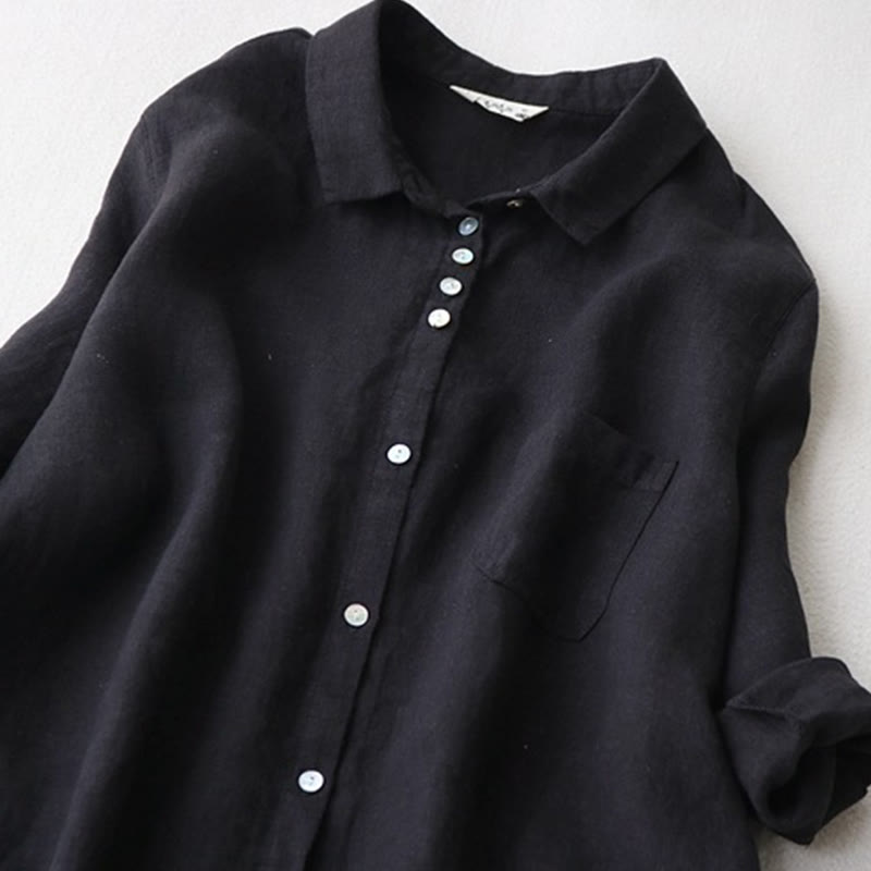 Buddha Stones Fall Solid Buttons Down Lapel Design Three Quarter Sleeve Women's Midi Dress With Pockets - image 1