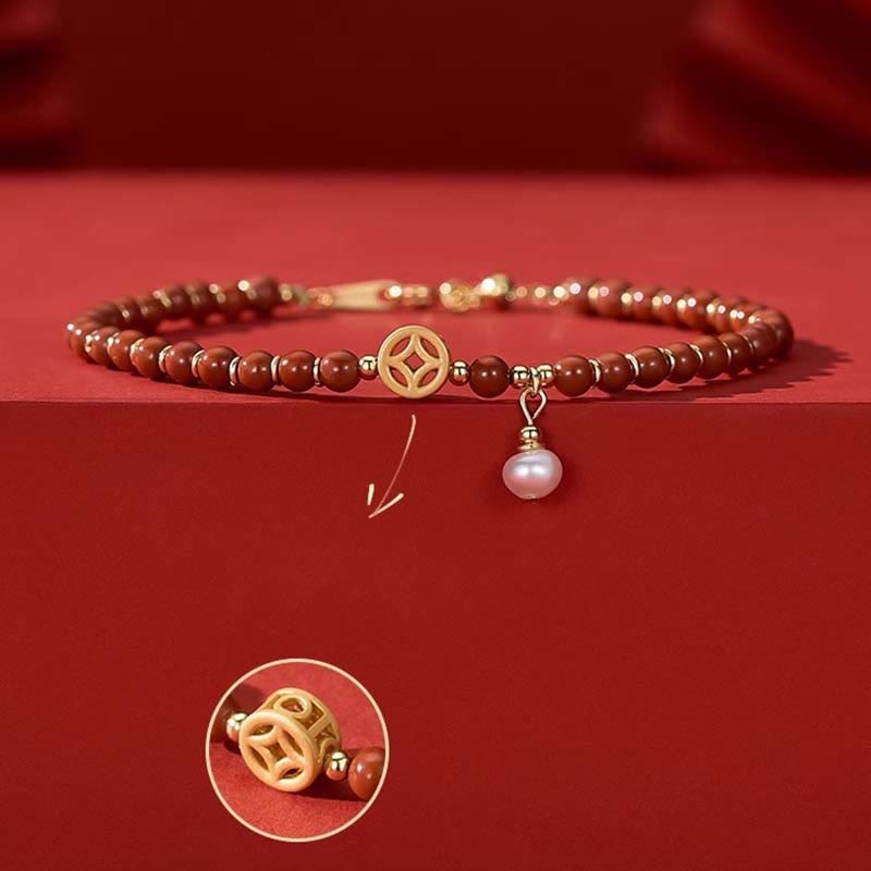 Buddha Stones 14K Gold Plated Copper Red Agate Copper Coin Confidence Bracelet