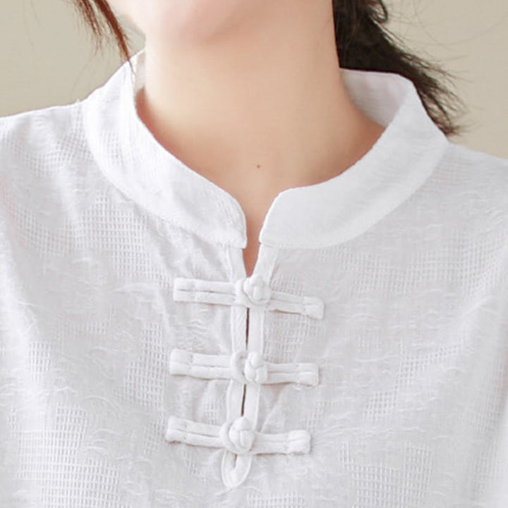 Buddha Stones Jacquard Frog-button Stand Collar Embroidered Three Quarter Sleeve Design Women's Cotton Shirt - image 21