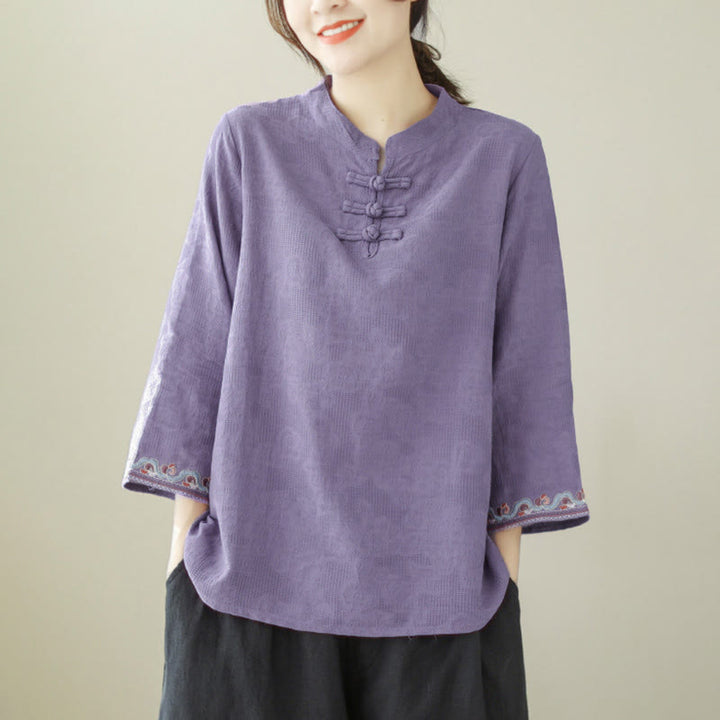 Buddha Stones Jacquard Frog-button Stand Collar Embroidered Three Quarter Sleeve Design Women's Cotton Shirt - image 4