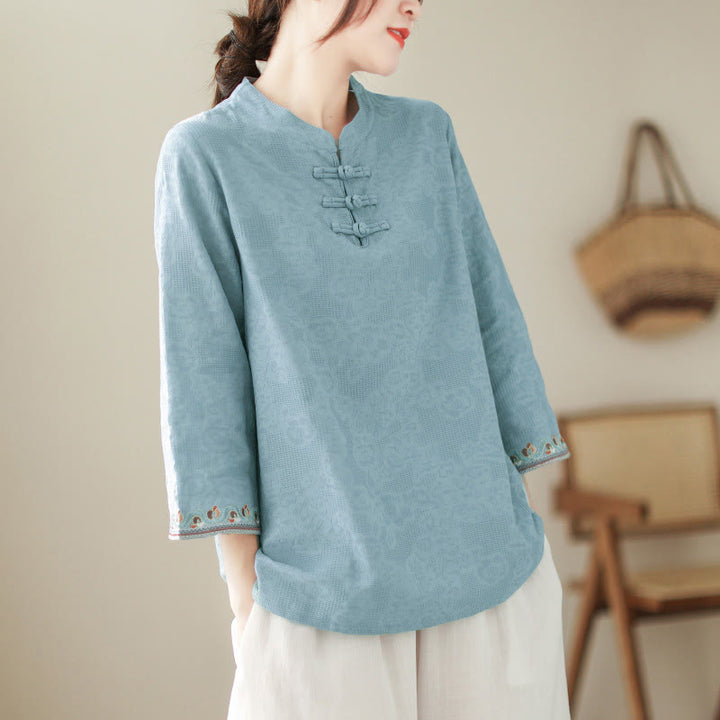 Buddha Stones Jacquard Frog-button Stand Collar Embroidered Three Quarter Sleeve Design Women's Cotton Shirt - SkyBlue - US8-10，UK/AU12-14，EU40-42 (2XL) - image 6