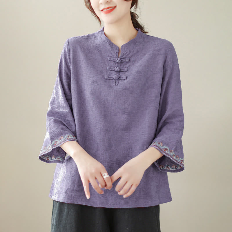 Buddha Stones Jacquard Frog-button Stand Collar Embroidered Three Quarter Sleeve Design Women's Cotton Shirt - image 1