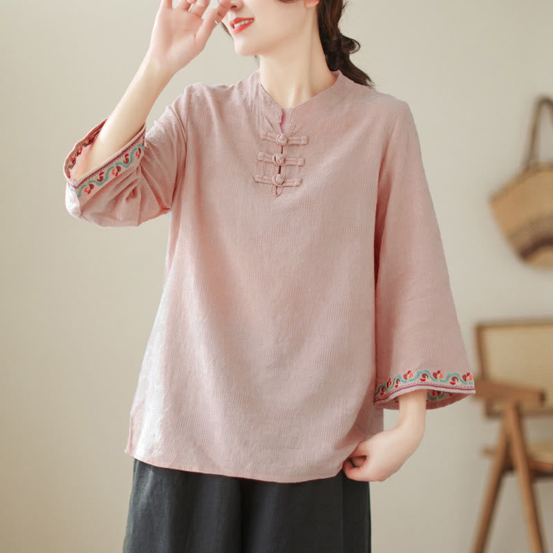 Buddha Stones Jacquard Frog-button Stand Collar Embroidered Three Quarter Sleeve Design Women's Cotton Shirt - Pink - US8-10，UK/AU12-14，EU40-42 (2XL) - image 25