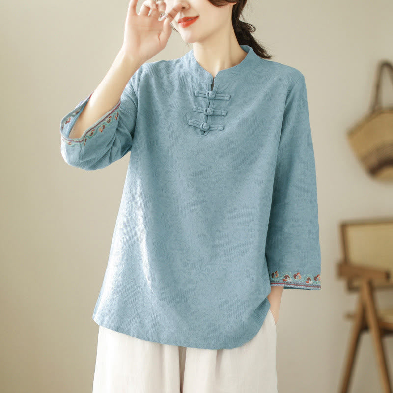 Buddha Stones Jacquard Frog-button Stand Collar Embroidered Three Quarter Sleeve Design Women's Cotton Shirt - image 7