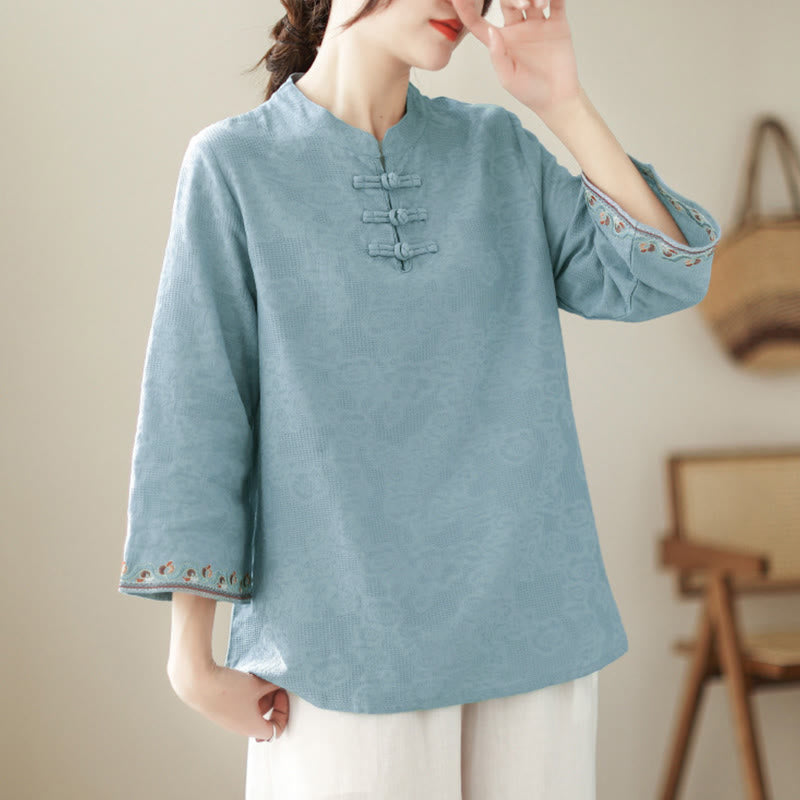 Buddha Stones Jacquard Frog-button Stand Collar Embroidered Three Quarter Sleeve Design Women's Cotton Shirt - image 8
