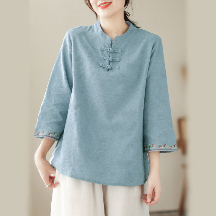 Buddha Stones Jacquard Frog-button Stand Collar Embroidered Three Quarter Sleeve Design Women's Cotton Shirt - image 9