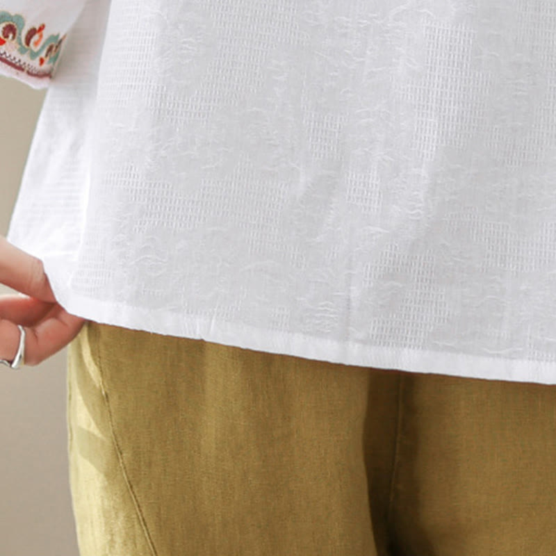 Buddha Stones Jacquard Frog-button Stand Collar Embroidered Three Quarter Sleeve Design Women's Cotton Shirt - image 22