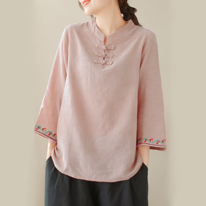 Buddha Stones Jacquard Frog-button Stand Collar Embroidered Three Quarter Sleeve Design Women's Cotton Shirt - image 29