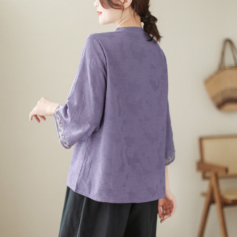 Buddha Stones Jacquard Frog-button Stand Collar Embroidered Three Quarter Sleeve Design Women's Cotton Shirt - image 2