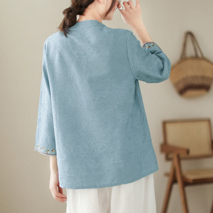Buddha Stones Jacquard Frog-button Stand Collar Embroidered Three Quarter Sleeve Design Women's Cotton Shirt - image 10