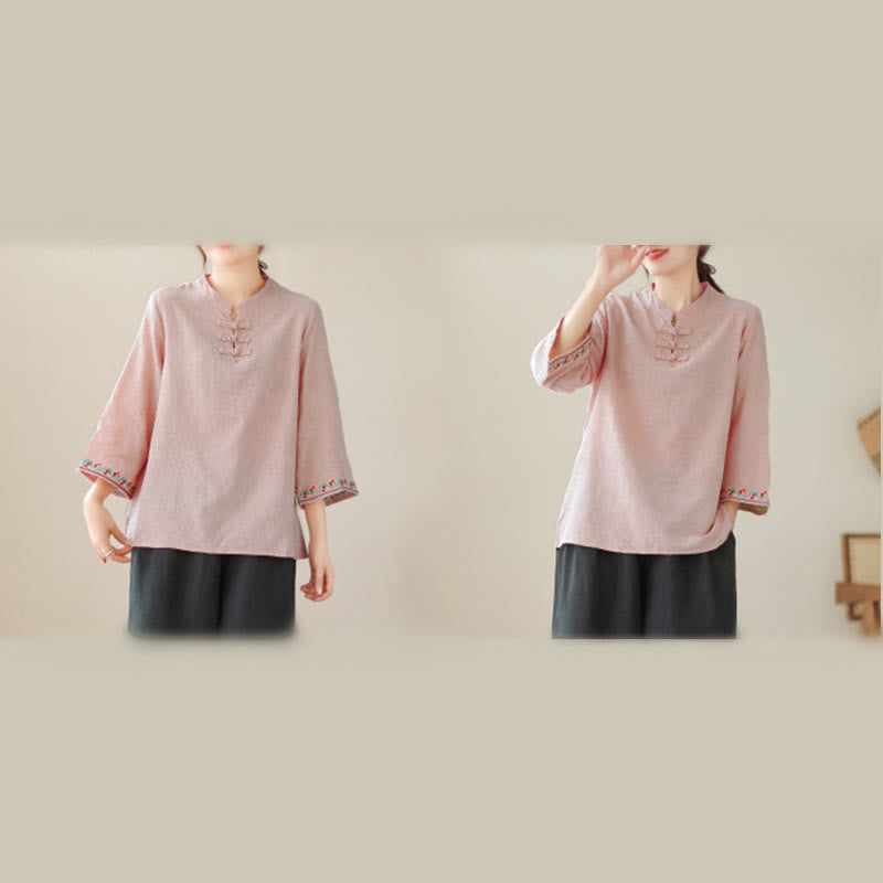 Buddha Stones Jacquard Frog-button Stand Collar Embroidered Three Quarter Sleeve Design Women's Cotton Shirt - image 30