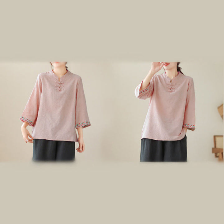 Buddha Stones Jacquard Frog-button Stand Collar Embroidered Three Quarter Sleeve Design Women's Cotton Shirt - image 30