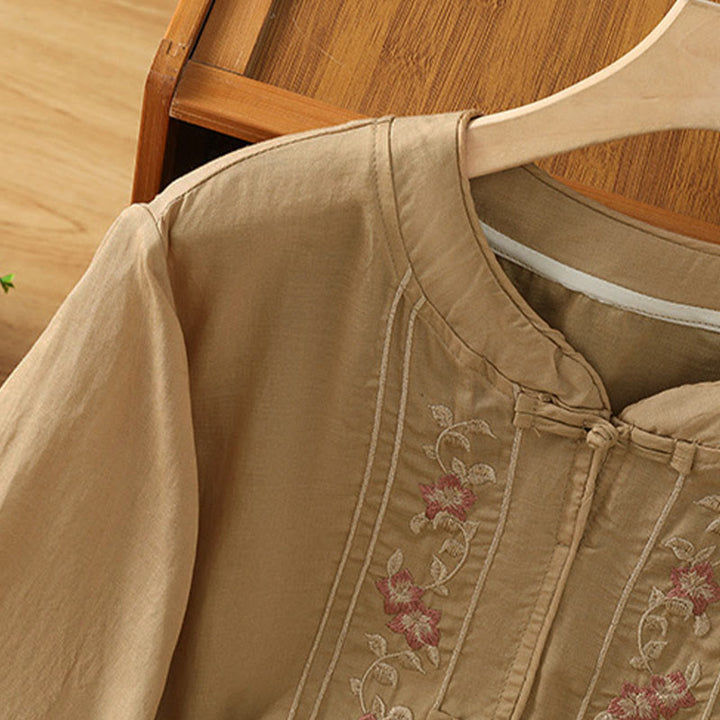 Buddha Stones Frog-button Stand Collar Embroidered Flower Elastic Cuff Three Quarter Sleeve Women's Shirt - image 9