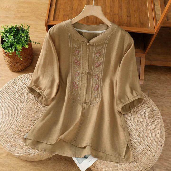 Buddha Stones Frog-button Stand Collar Embroidered Flower Elastic Cuff Three Quarter Sleeve Women's Shirt - BurlyWood - US8-10，UK/AU12-14，EU40-42 (2XL) - image 6