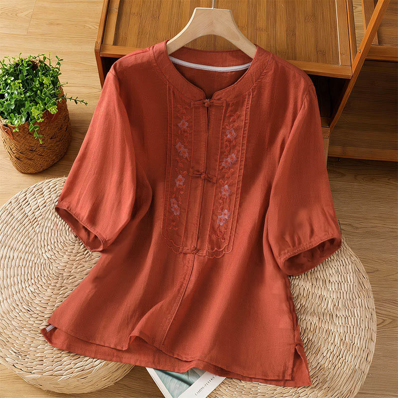 Buddha Stones Frog-button Stand Collar Embroidered Flower Elastic Cuff Three Quarter Sleeve Women's Shirt - DarkRed - US8-10，UK/AU12-14，EU40-42 (2XL) - image 15