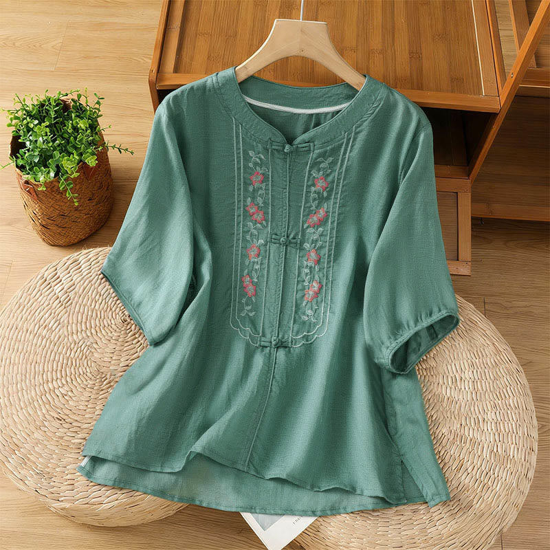 Buddha Stones Frog-button Stand Collar Embroidered Flower Elastic Cuff Three Quarter Sleeve Women's Shirt - LightSeaGreen - US8-10，UK/AU12-14，EU40-42 (2XL) - image 0