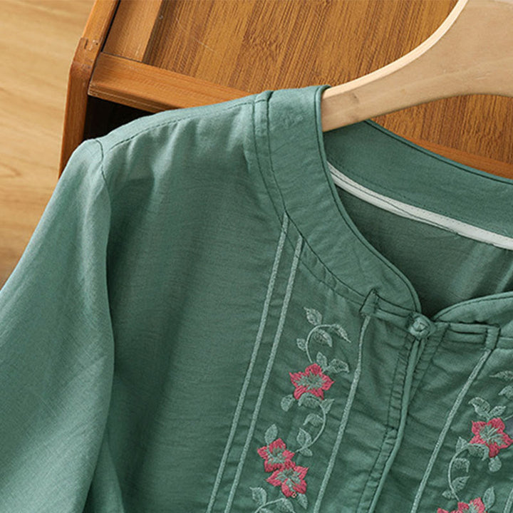 Buddha Stones Frog-button Stand Collar Embroidered Flower Elastic Cuff Three Quarter Sleeve Women's Shirt - image 3