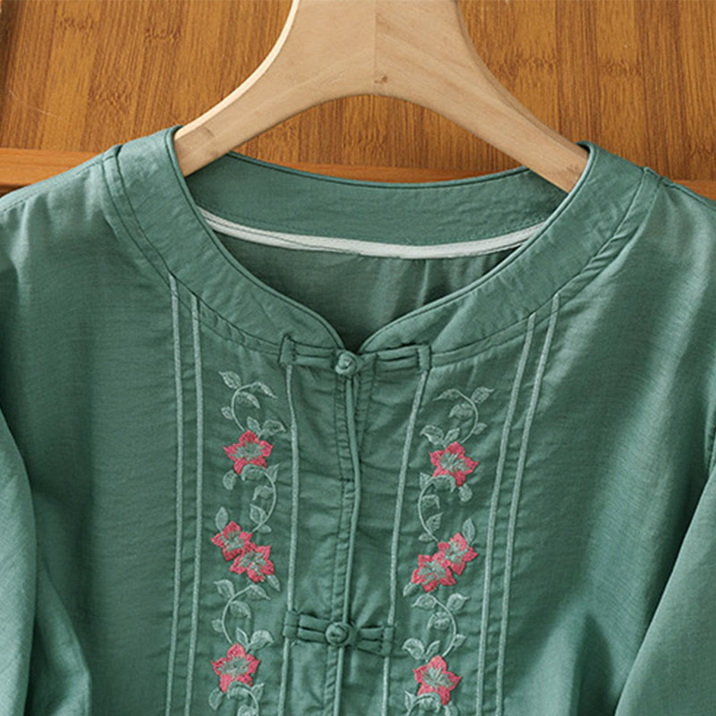 Buddha Stones Frog-button Stand Collar Embroidered Flower Elastic Cuff Three Quarter Sleeve Women's Shirt - image 2
