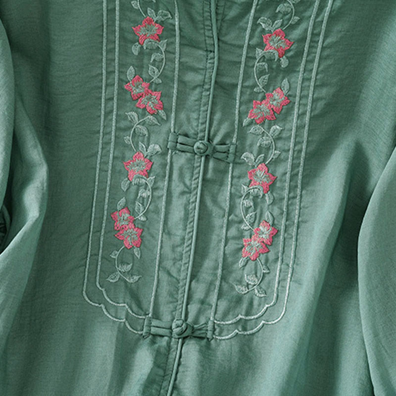 Buddha Stones Frog-button Stand Collar Embroidered Flower Elastic Cuff Three Quarter Sleeve Women's Shirt - image 4