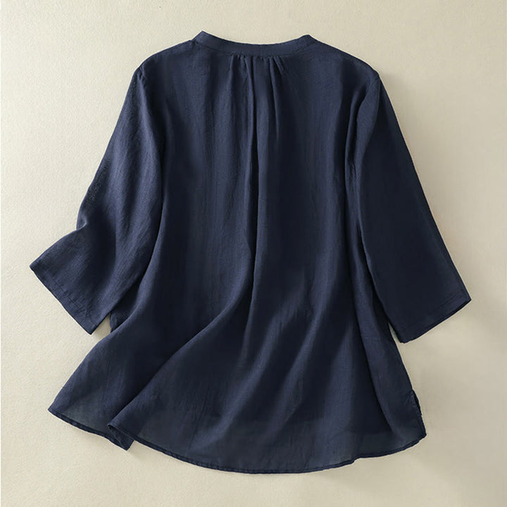 Buddha Stones Embroidery Pleated Design Stand Collar Three Quarter Sleeve Side Slit Hem Women's Cotton Shirt - image 1