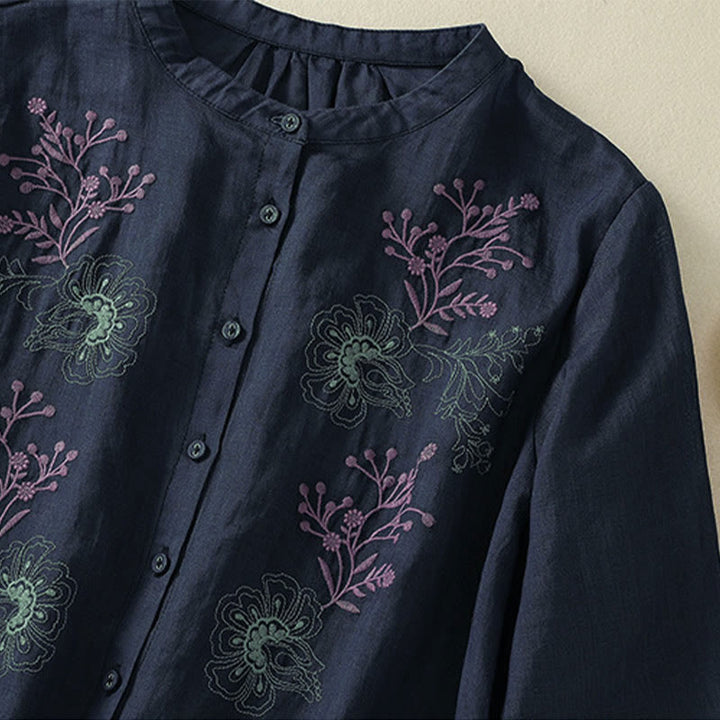 Buddha Stones Embroidery Pleated Design Stand Collar Three Quarter Sleeve Side Slit Hem Women's Cotton Shirt - image 4