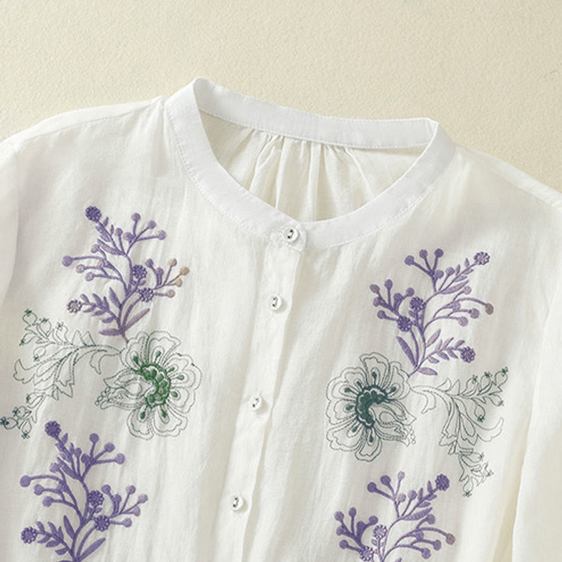 Buddha Stones Embroidery Pleated Design Stand Collar Three Quarter Sleeve Side Slit Hem Women's Cotton Shirt - image 18