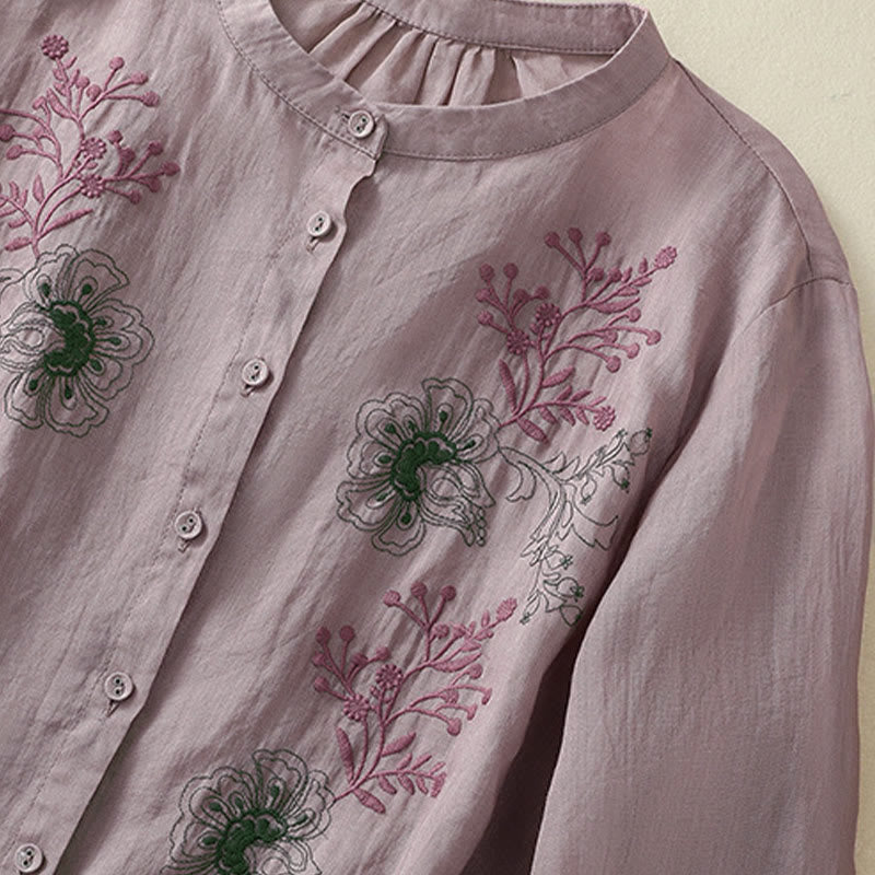 Buddha Stones Embroidery Pleated Design Stand Collar Three Quarter Sleeve Side Slit Hem Women's Cotton Shirt - image 11