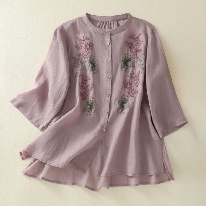 Buddha Stones Embroidery Pleated Design Stand Collar Three Quarter Sleeve Side Slit Hem Women's Cotton Shirt - RosyBrown - US8-10，UK/AU12-14，EU40-42 (2XL) - image 7