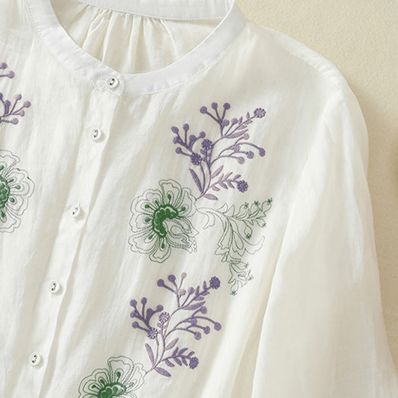 Buddha Stones Embroidery Pleated Design Stand Collar Three Quarter Sleeve Side Slit Hem Women's Cotton Shirt - image 20