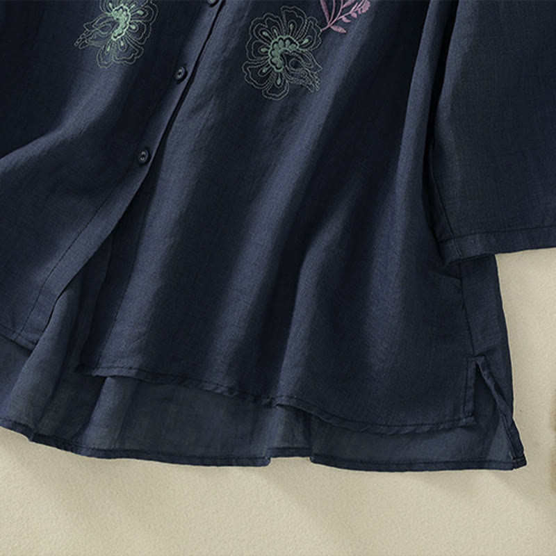 Buddha Stones Embroidery Pleated Design Stand Collar Three Quarter Sleeve Side Slit Hem Women's Cotton Shirt - image 6