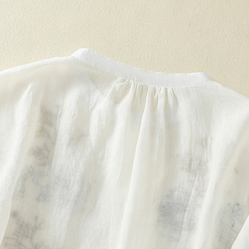 Buddha Stones Embroidery Pleated Design Stand Collar Three Quarter Sleeve Side Slit Hem Women's Cotton Shirt - image 19