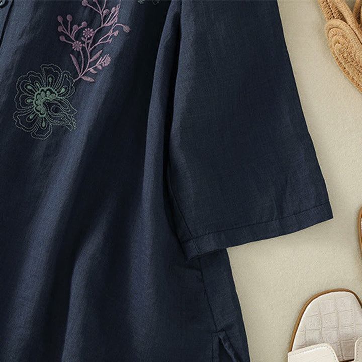 Buddha Stones Embroidery Pleated Design Stand Collar Three Quarter Sleeve Side Slit Hem Women's Cotton Shirt - image 5