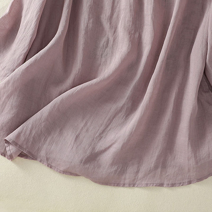 Buddha Stones Embroidery Pleated Design Stand Collar Three Quarter Sleeve Side Slit Hem Women's Cotton Shirt - image 14