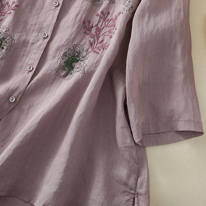 Buddha Stones Embroidery Pleated Design Stand Collar Three Quarter Sleeve Side Slit Hem Women's Cotton Shirt - image 12