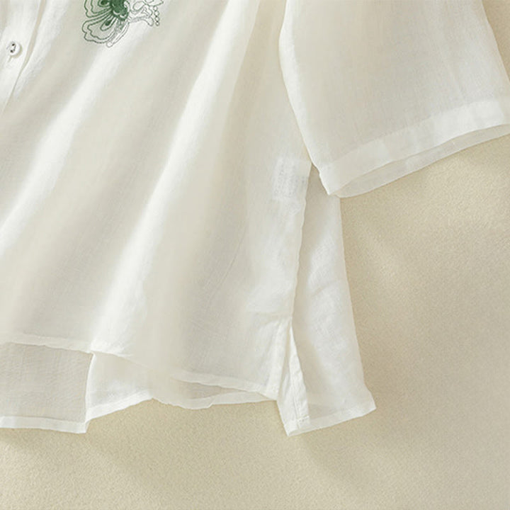 Buddha Stones Embroidery Pleated Design Stand Collar Three Quarter Sleeve Side Slit Hem Women's Shirt - image 24