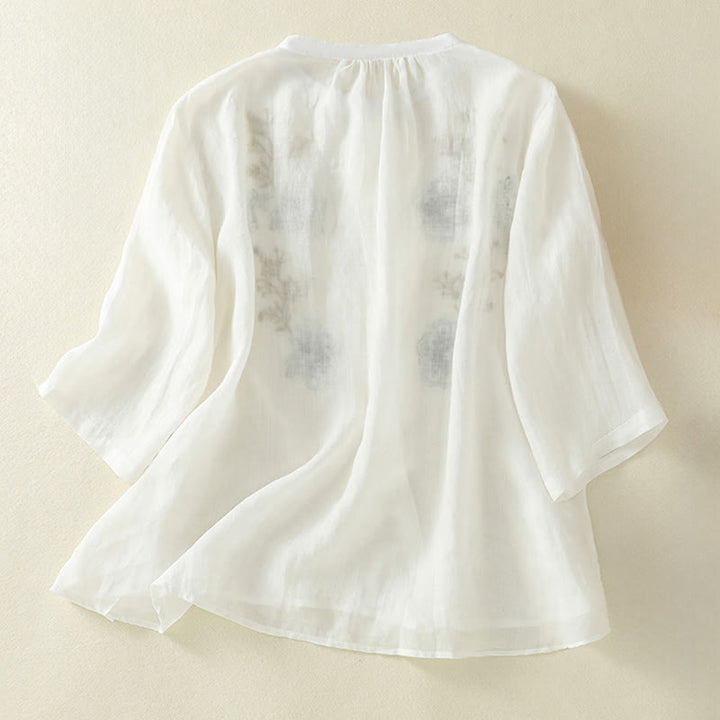 Buddha Stones Embroidery Pleated Design Stand Collar Three Quarter Sleeve Side Slit Hem Women's Cotton Shirt - image 17